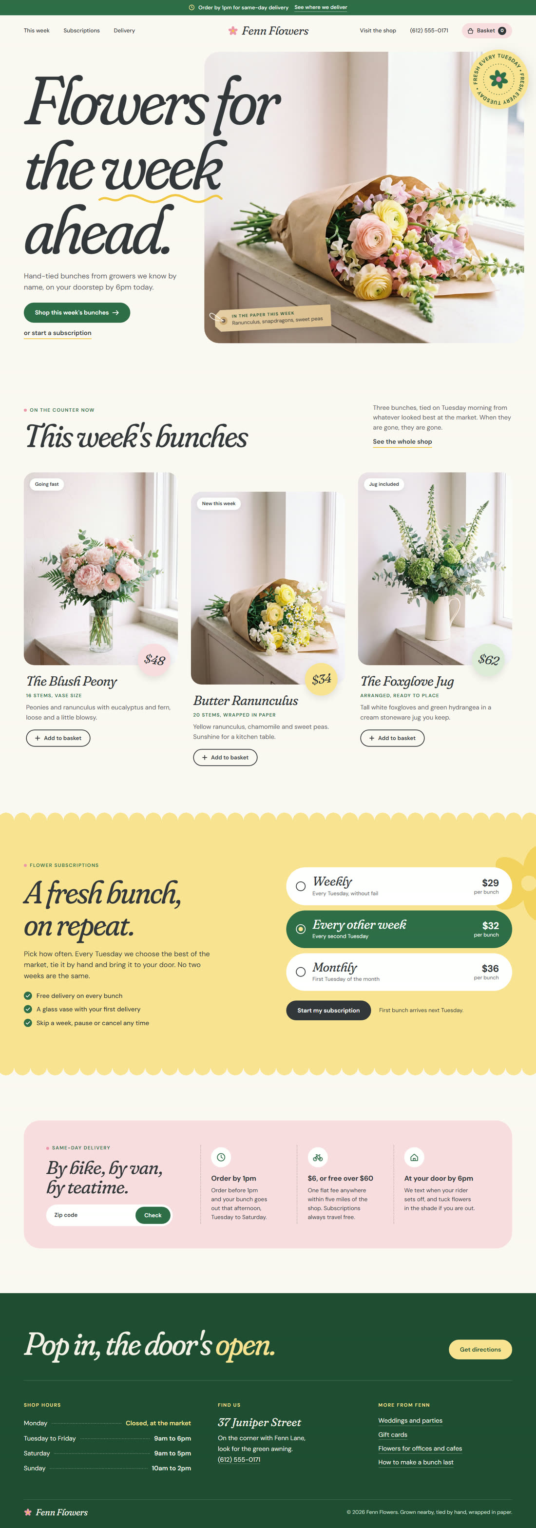 The Fenn Flowers website: this week's bunches with prices and a flower subscription.