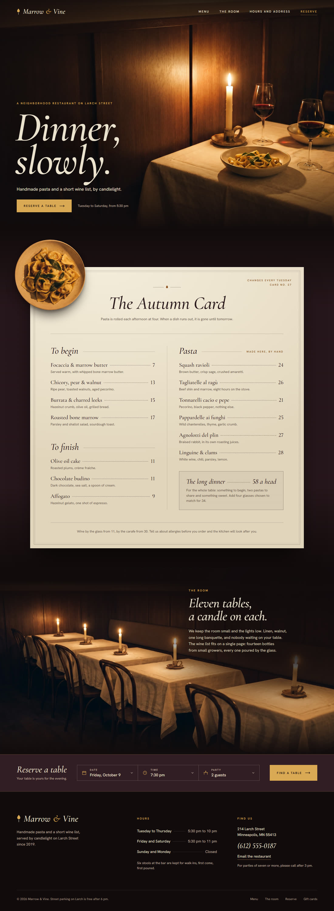 The Marrow and Vine restaurant website: a candlelit dining room, a printed-style menu and a reservation bar.