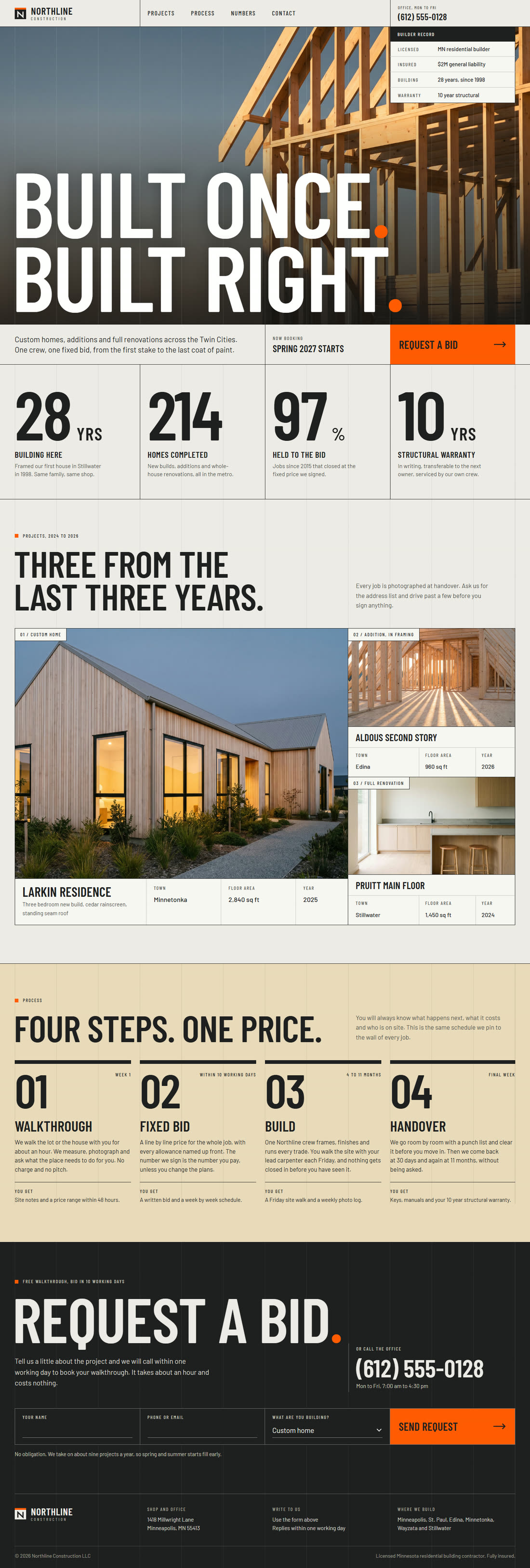 The Northline Construction website: a timber house frame, project gallery and a bid request.