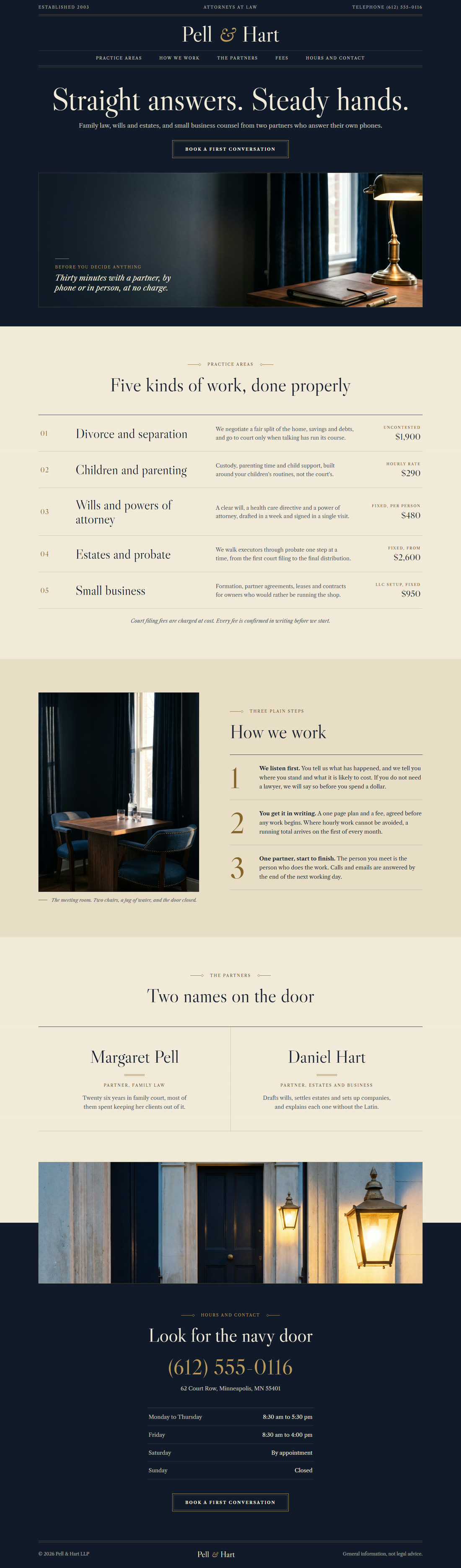 The Pell and Hart law office website: a centred masthead, practice areas and contact details.
