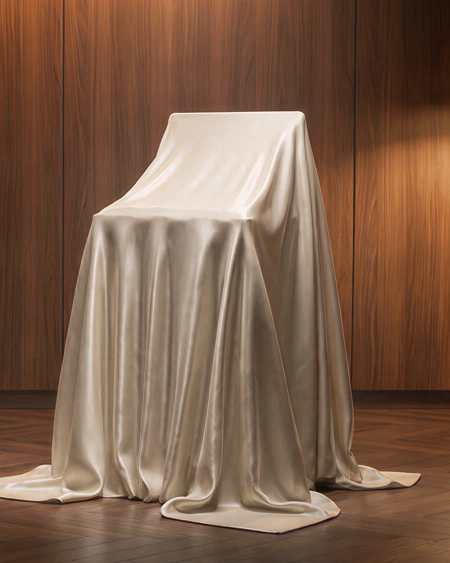 Ivory satin draped over a covered shape in a walnut-panelled room.